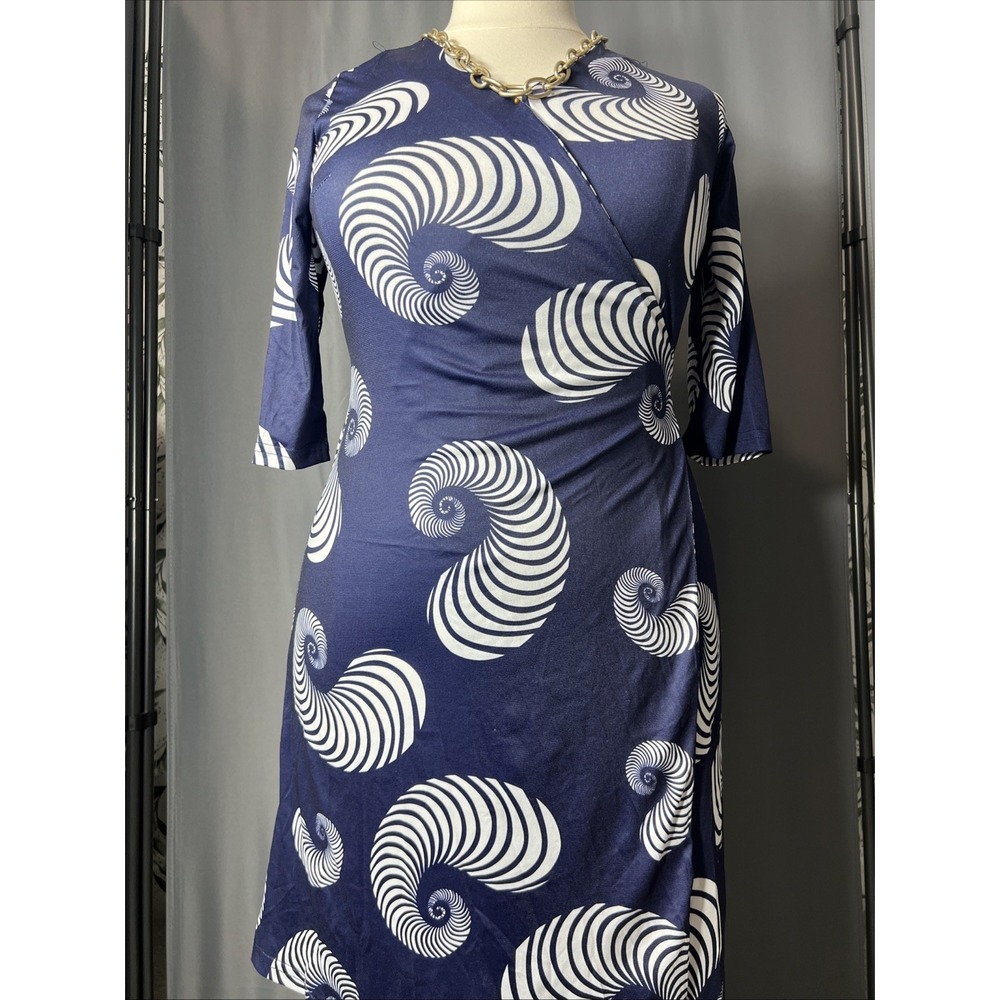 Blue Shell Pattern Wrap Dress Sz L Retro Vintage-Style Boho Chic NWT Elegant